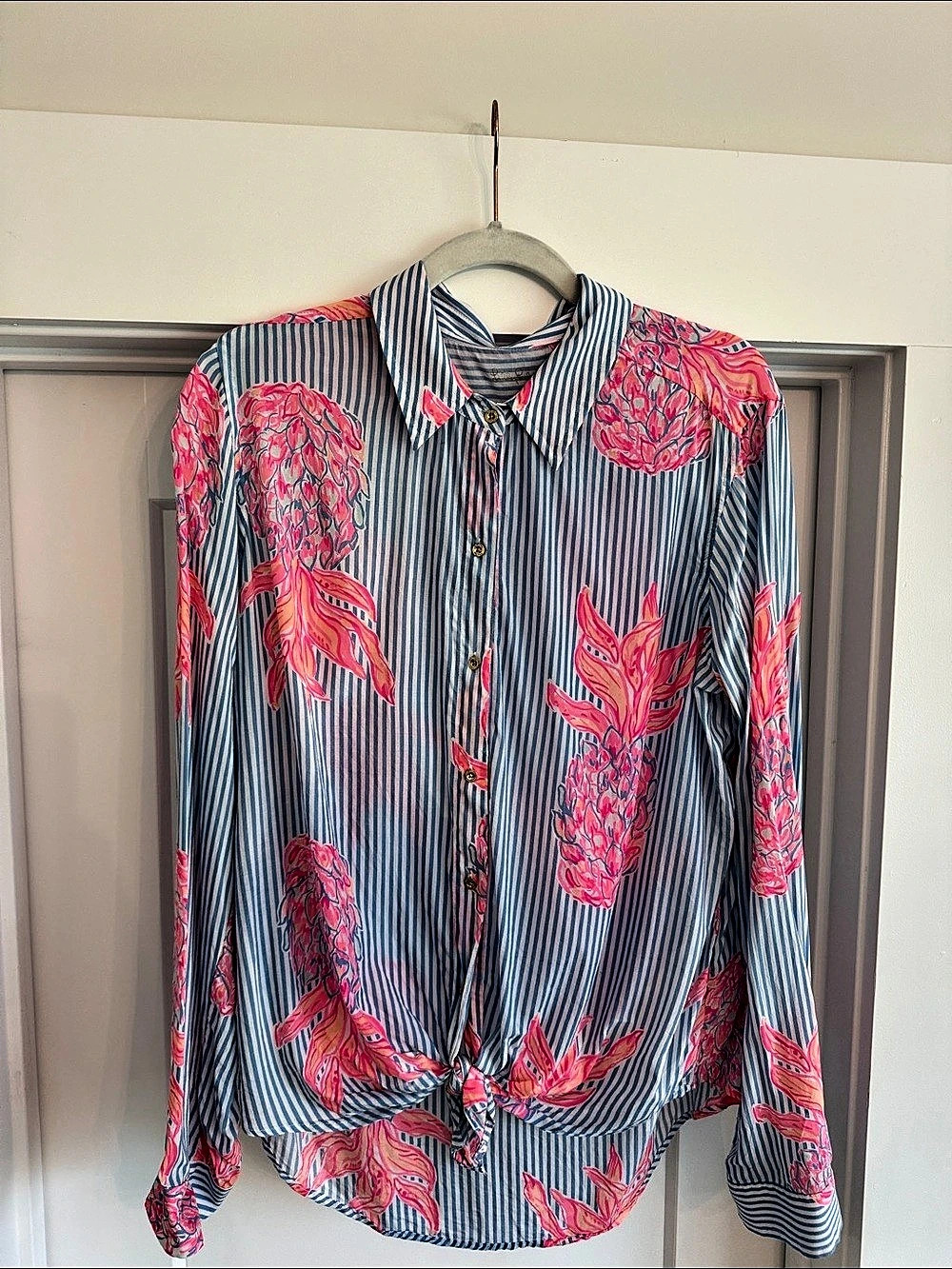 Lilly Pulitzer Jessie Tie Front Shirt Blue & Pink Large